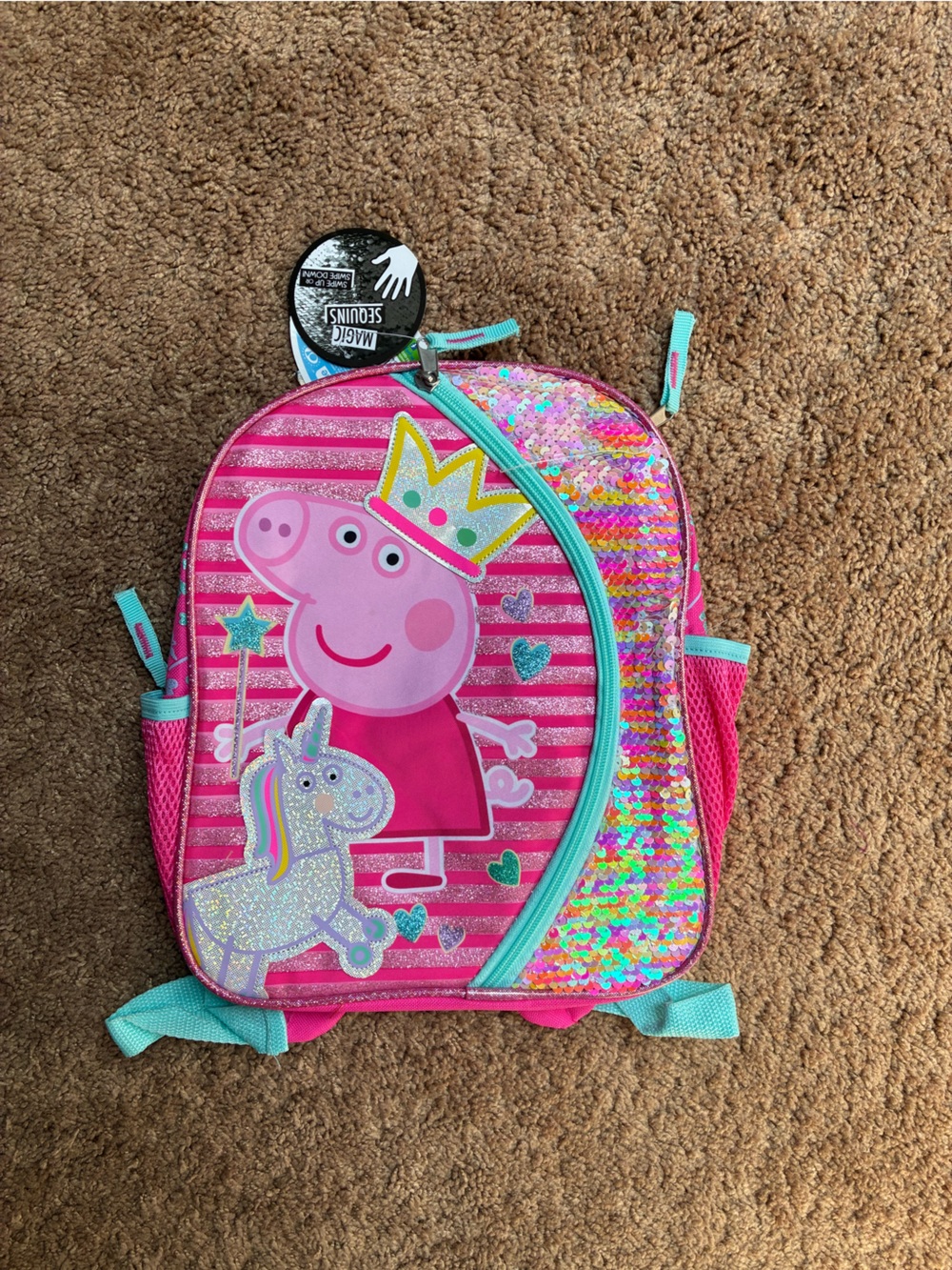 Peppa Pig Pink Sequin Kids Backpack with Aqua Trim